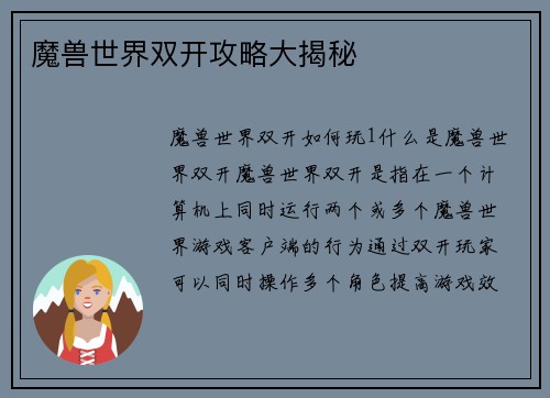 魔兽世界双开攻略大揭秘